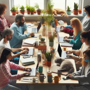 Illustration of the Rise of Remote Work in the Best Job Market - Diverse professionals working from home offices with laptops, video calls, and global connectivity.