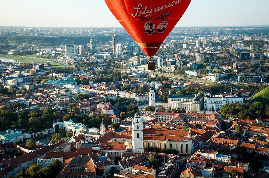 a hot air balloon over a city