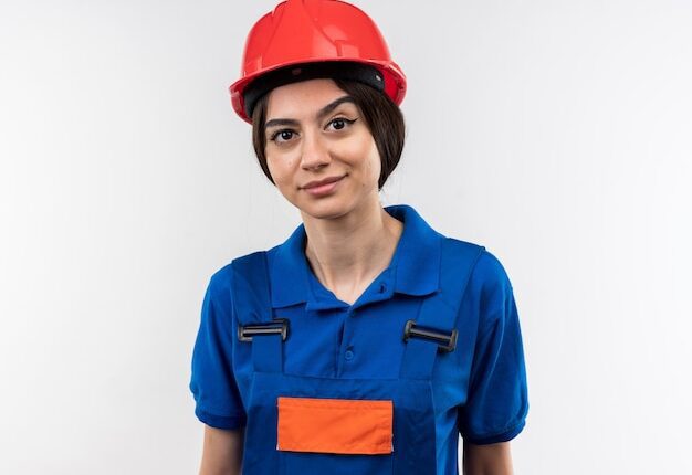 Pleased Young Builder Woman Uniform Isolated White Wall 141793 126081