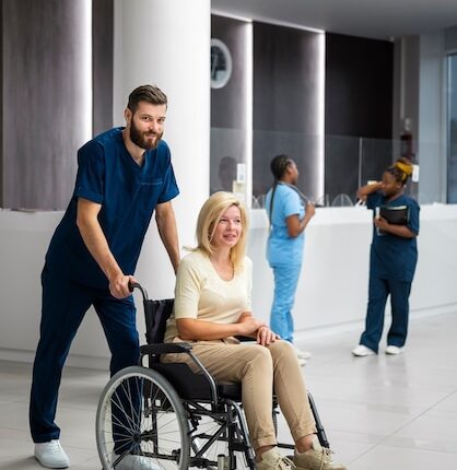 Side View Nurse Helping Patient Wheelchair 23 2149741224