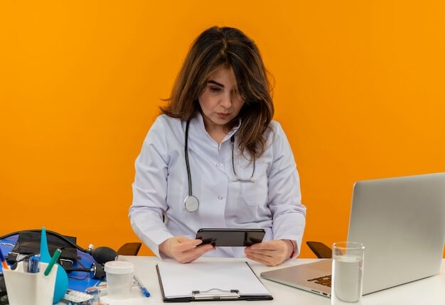 Thinking Middle Aged Female Doctor Wearing Medical Robe With Stethoscope Sitting Desk Work Laptop With Medical Tools Holding Looking Phone Isolated Orange Background With Copy Space 141793 38157